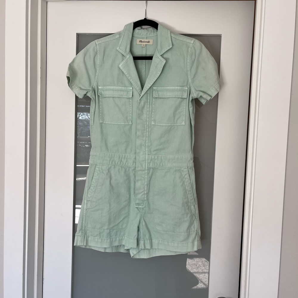 NWOT Madewell - denim coverall romper - pastel mint painter style